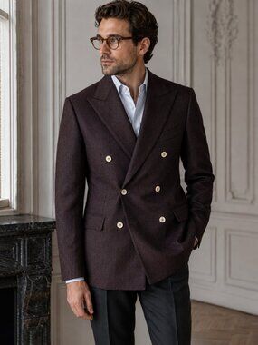 Sartoria Rossi Burgundy Black Herringbone Zegna Cloth Double Breasted Blazer
